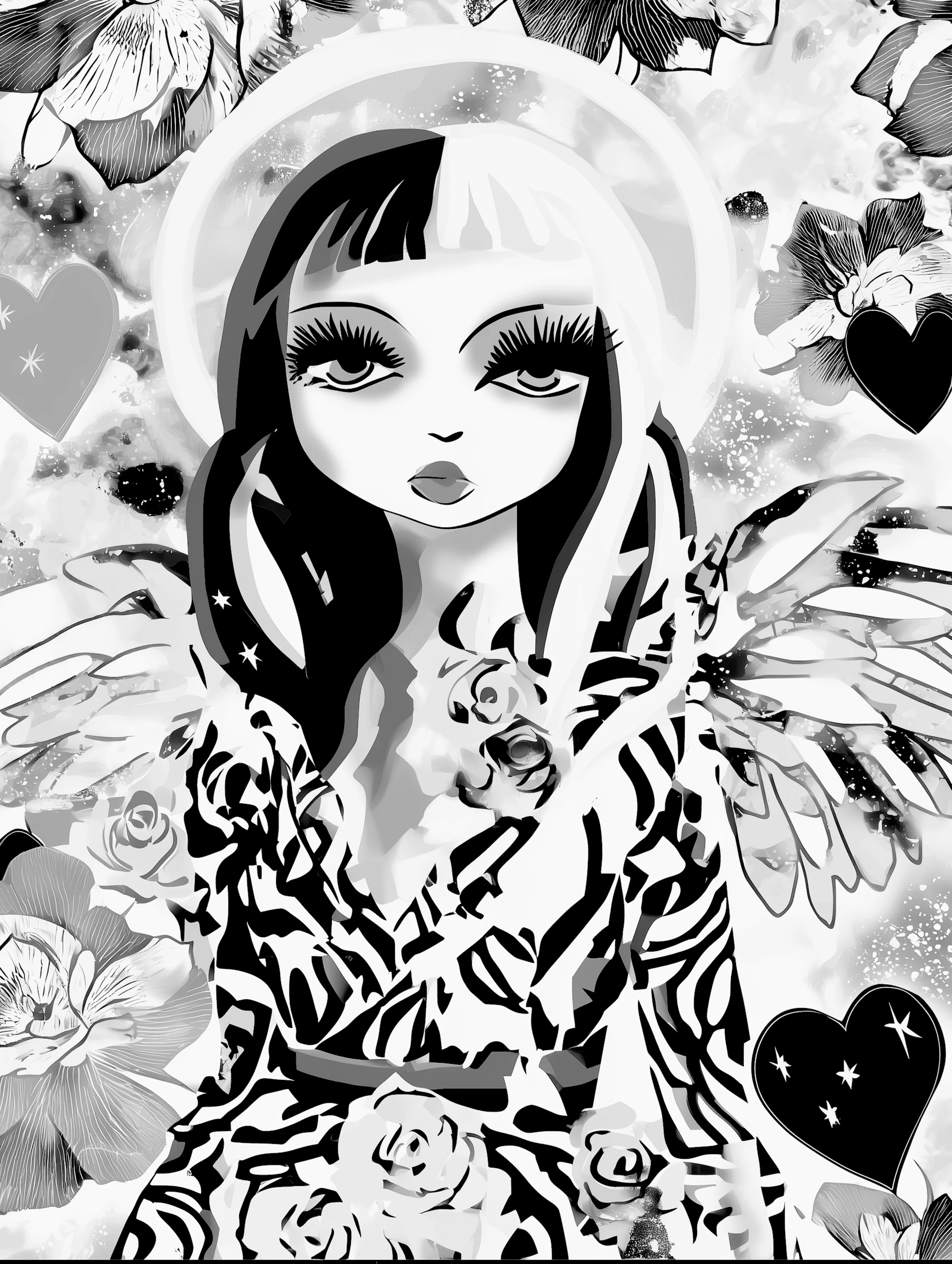 Free printable angel coloring page for adults featuring pouting angel with dark with black and white hair